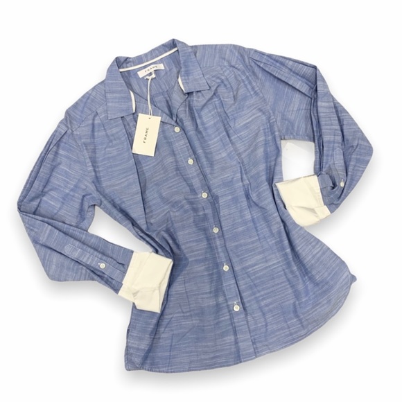 Frame Denim Tops - FRAME $275 Pleated Contrast Cuff Shirt Oxford Blue